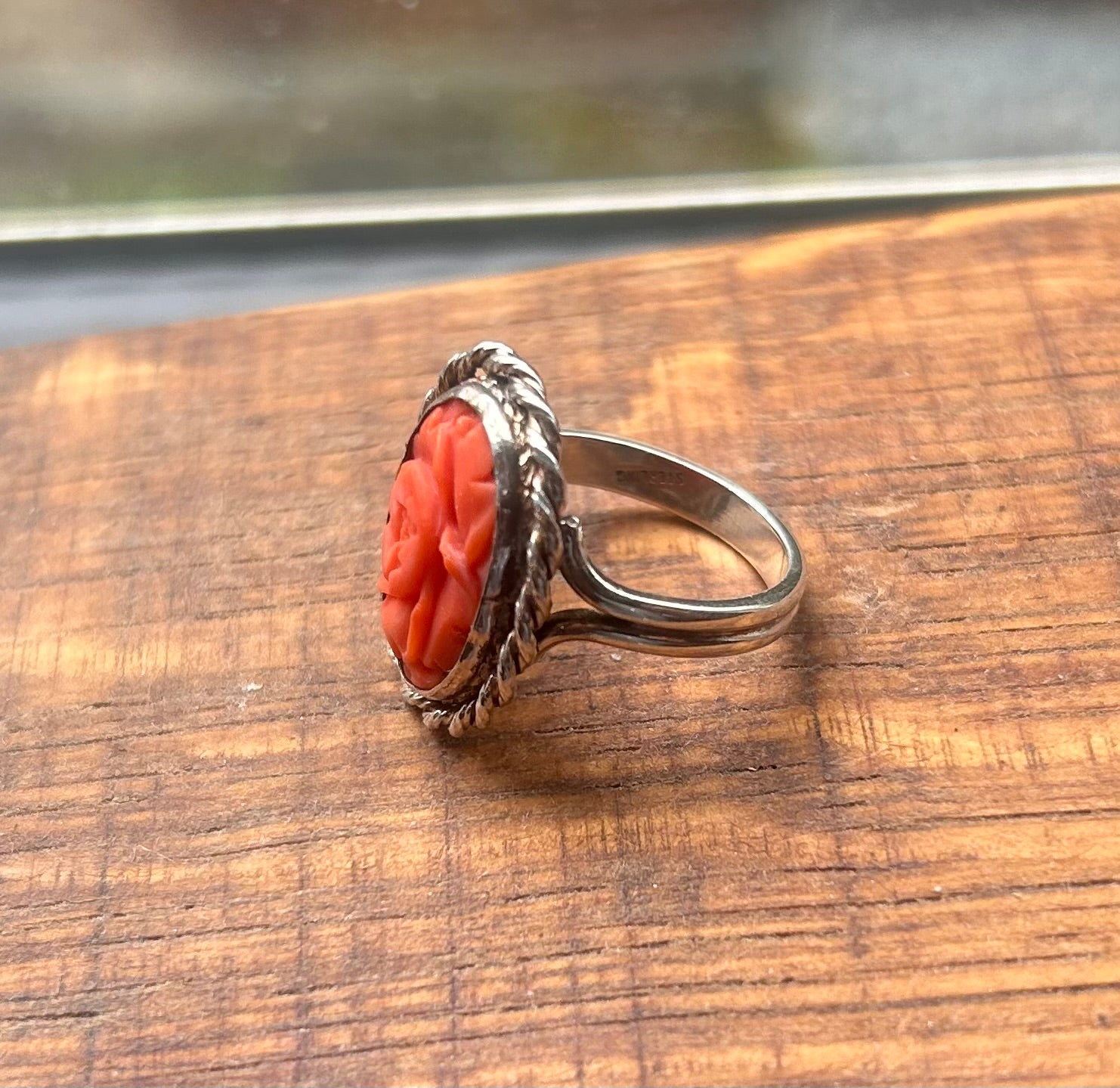 Vintage Momo Coral Rose Ring Sterling Silver Hand Carved Mid-Century Size 7.5