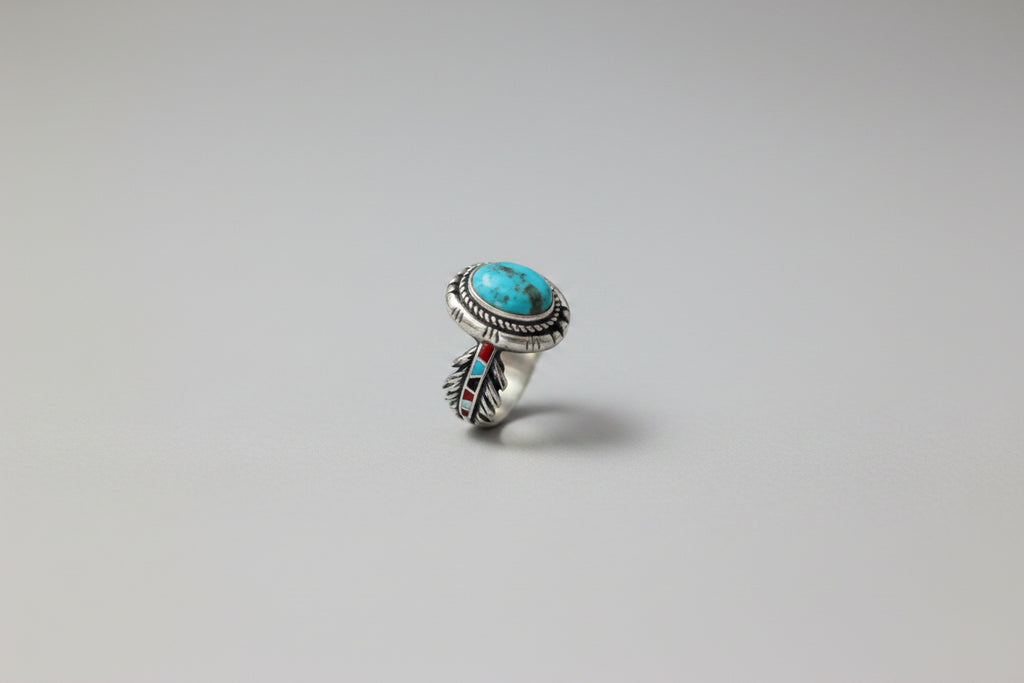 Southwest Native Sterling Silver Ring stamped BGE,  Turquoise & Enamel Feather Revival